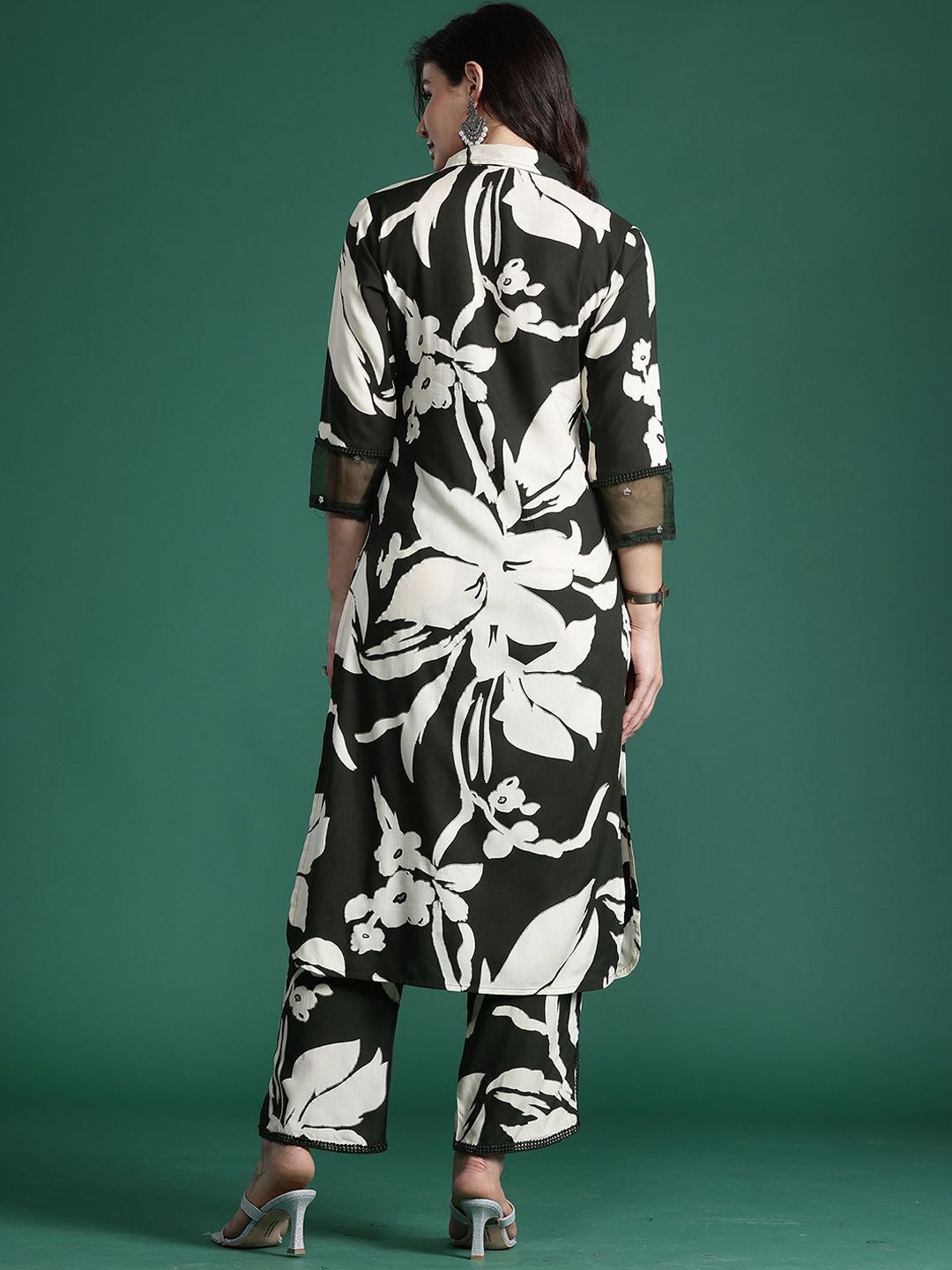 Indyancart IE Floral Printed Three-Quarter Sleeves Tunic With Trouser