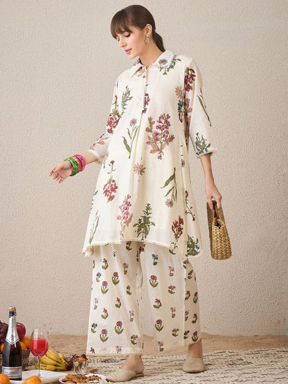 Floral Printed Pure Cotton Shirt Collar A-Line Kurta With Palazzos
