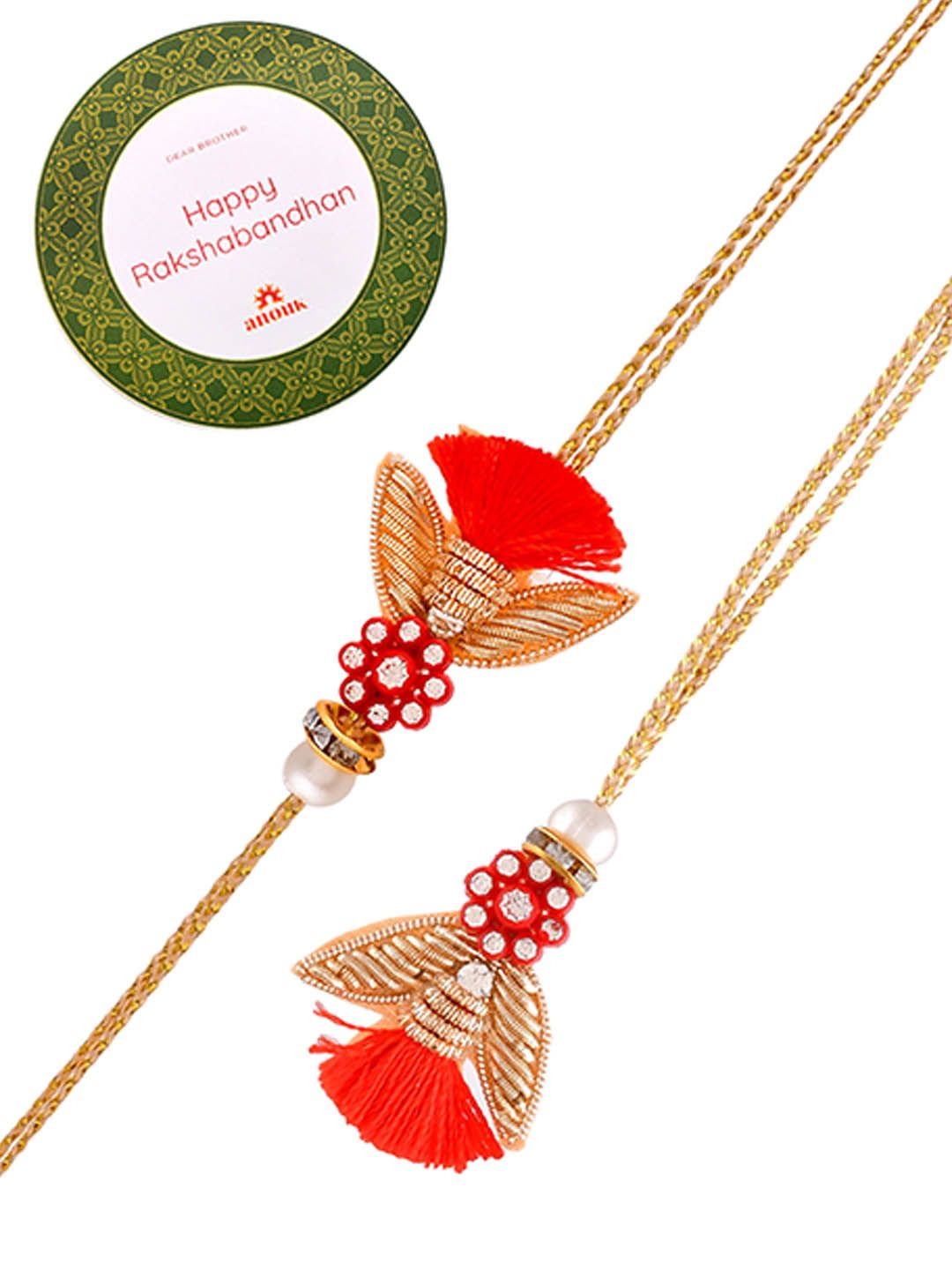 Anouk Red Set of 2 Scarlet Floral Studded Zari Work Rakhi With Roli Chawal & Greeting Card