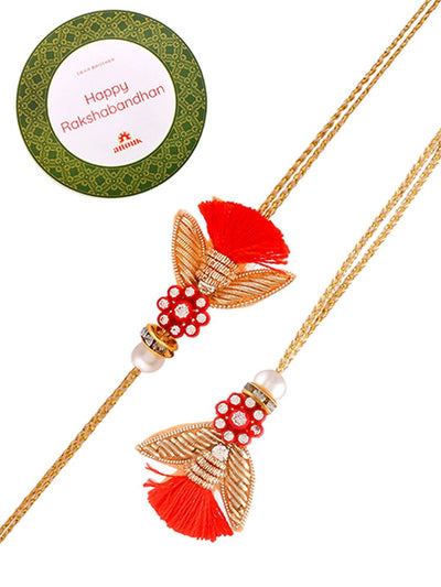 Indyancart Red Set of 2 Scarlet Floral Studded Zari Work Rakhi With Roli Chawal & Greeting Card
