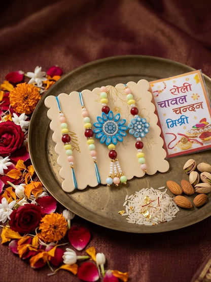 Anouk Set Of 4 Family Pack Beaded Thread Rakhi With Roli Chawal Chandan Mishri