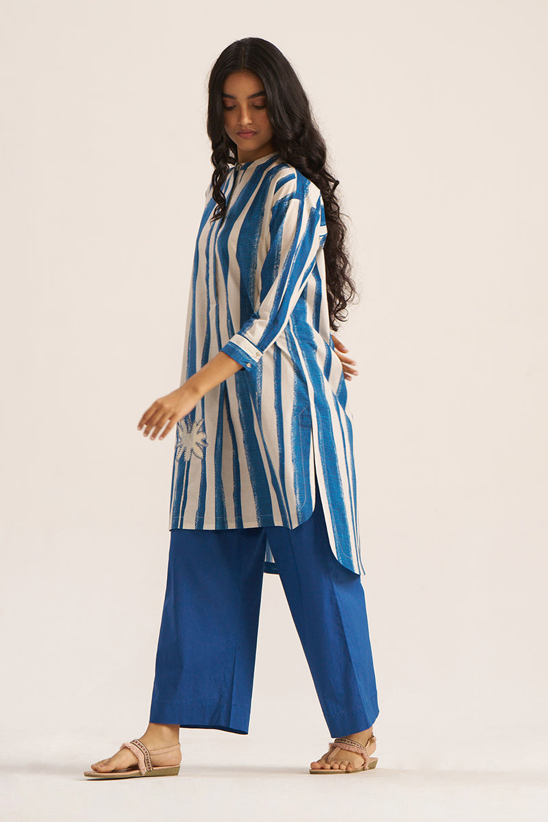Women's Blue and Cream Stripe Print Co-ord Set