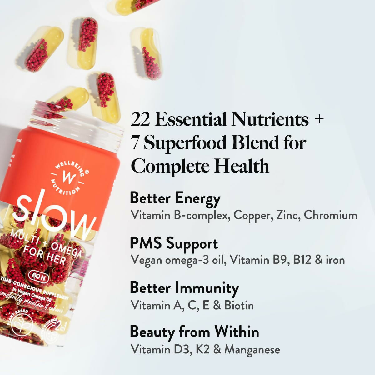Wellbeing Nutrition Slow Multi + Omega for Her Ayurvedic capsules, showing the supplement bottle with capsules inside.