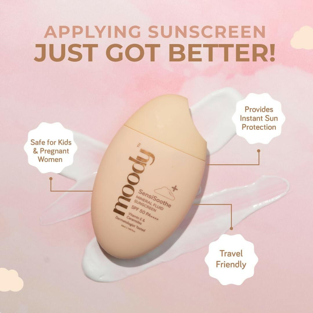 Moody SensiSoothe Mineral Brightening Sunscreen Serum with ceramides and rice, featuring a pump bottle with white and blue packaging