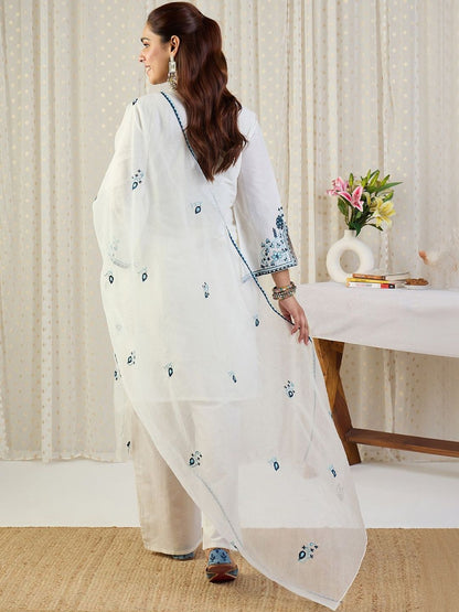 Ethnic Motifs Embroidered Thread Work Pure Cotton Kurta With Trousers & Dupatta