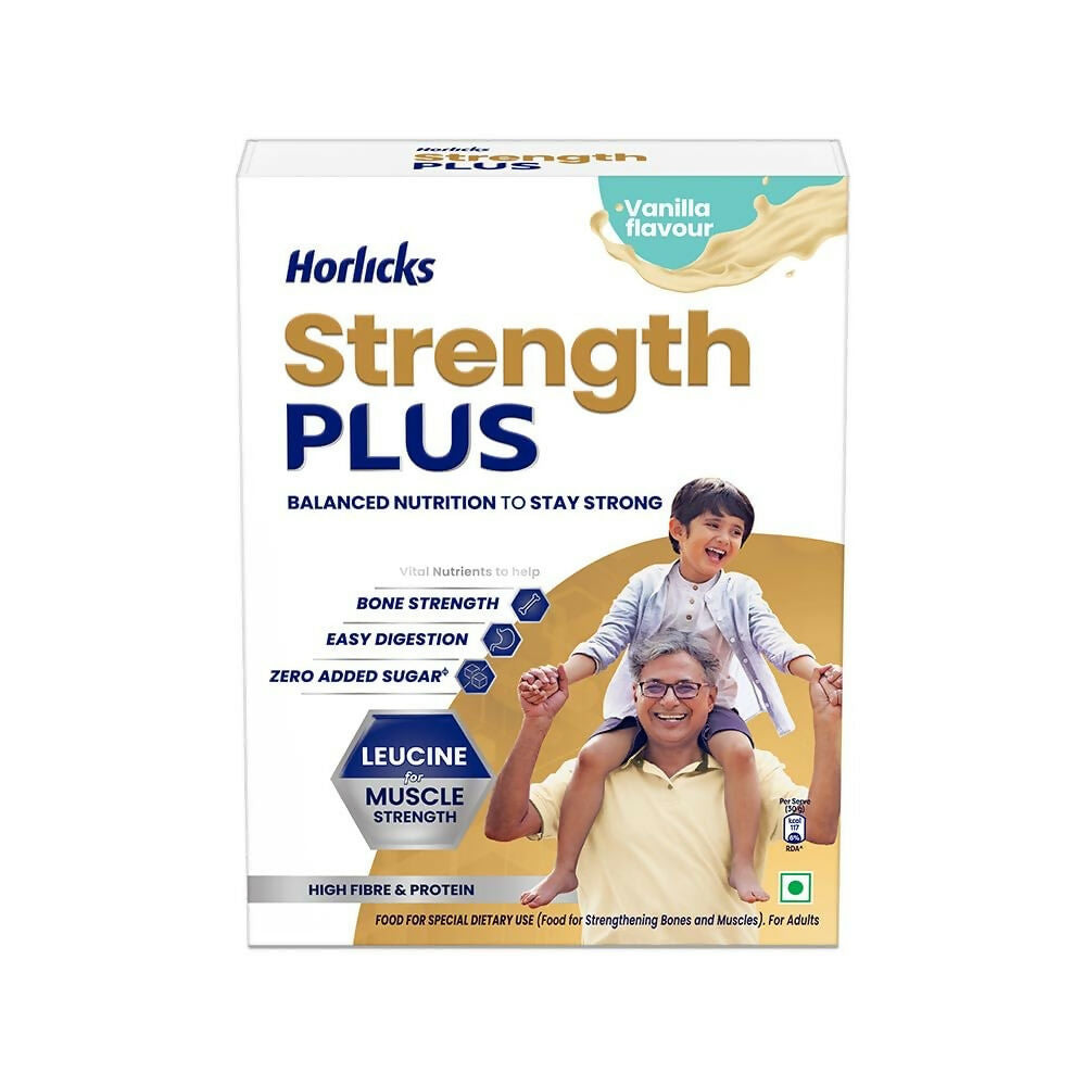 A glass of Horlicks Strength Plus vanilla flavored health drink with a spoon, showcasing the creamy vanilla beverage.