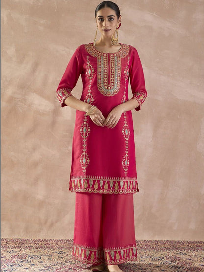 Indyancart IE Women Ethnic Motifs Embroidered Regular Sequinned Kurta with Palazzos & With Dupatta