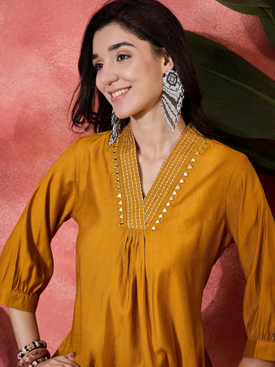 Indyancart SN Women's Floral Embroidered V-Neck Mirror Work A-Line Kurta With Palazzo