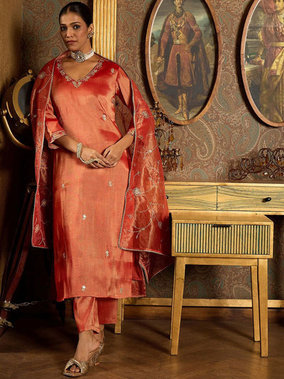 Indyancart IE Floral Embroidered V-Neck Regular Liva Kurta With Trouser With Dupatta