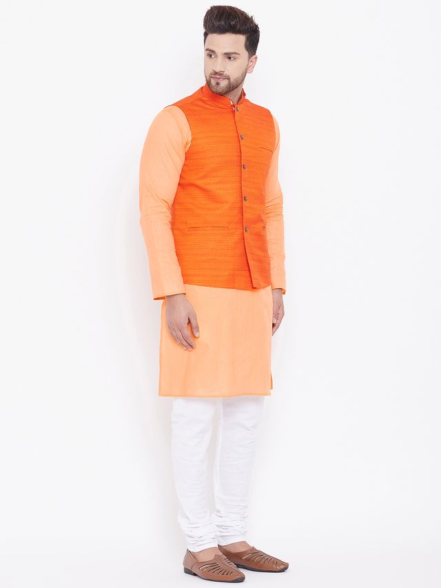 Men's Fawn Cotton Blend Straight Jacket  Kurta and Pyjama Set