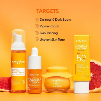 Dot & Key Vitamin C sunscreen tube, part of the cleanser, serum, moisturizer, and sunscreen combo, with bright citrus design.