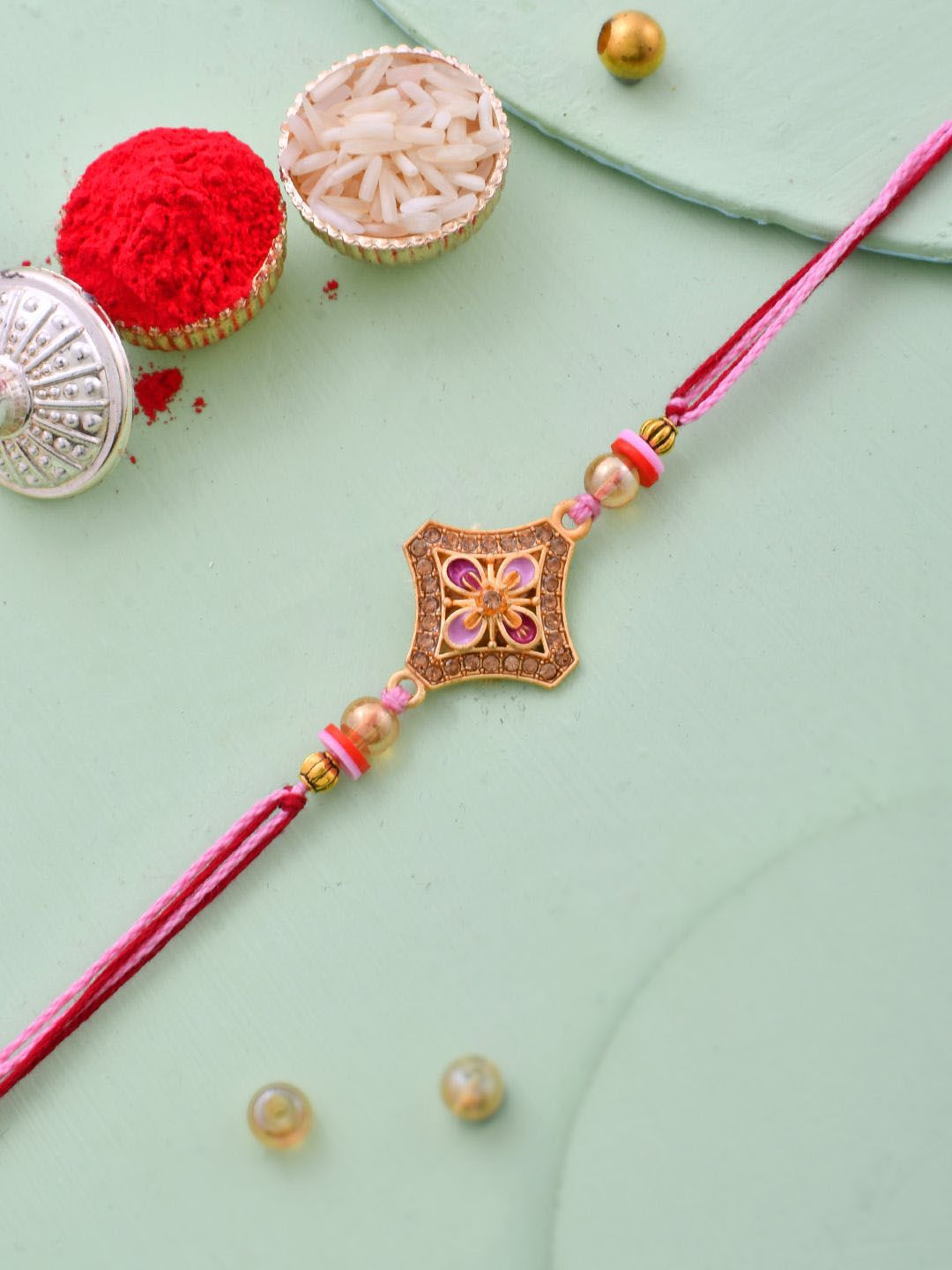 Anouk Gold-Toned Stone-Studded & Beaded Thread Rakhi