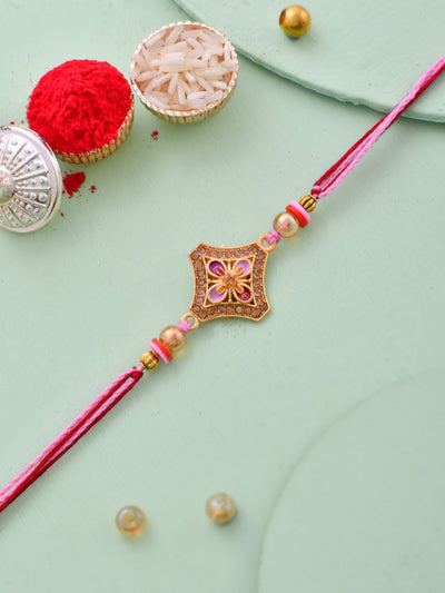 Indyancart Gold-Toned Stone-Studded & Beaded Thread Rakhi