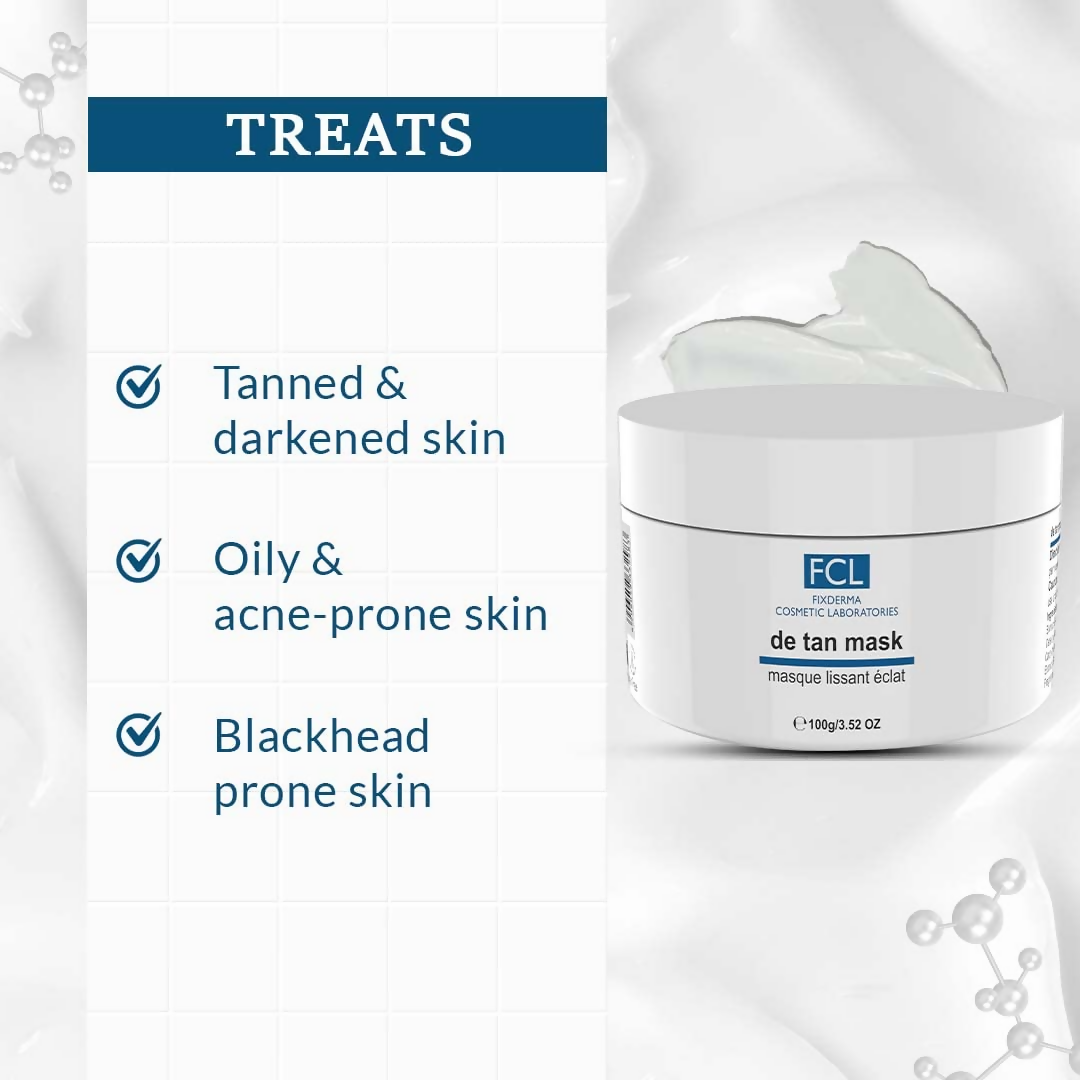 FCL De Tan Face Mask showing creamy application on skin with a white container and spatula for skincare treatment.