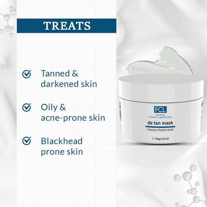 FCL De Tan Face Mask showing creamy application on skin with a white container and spatula for skincare treatment.