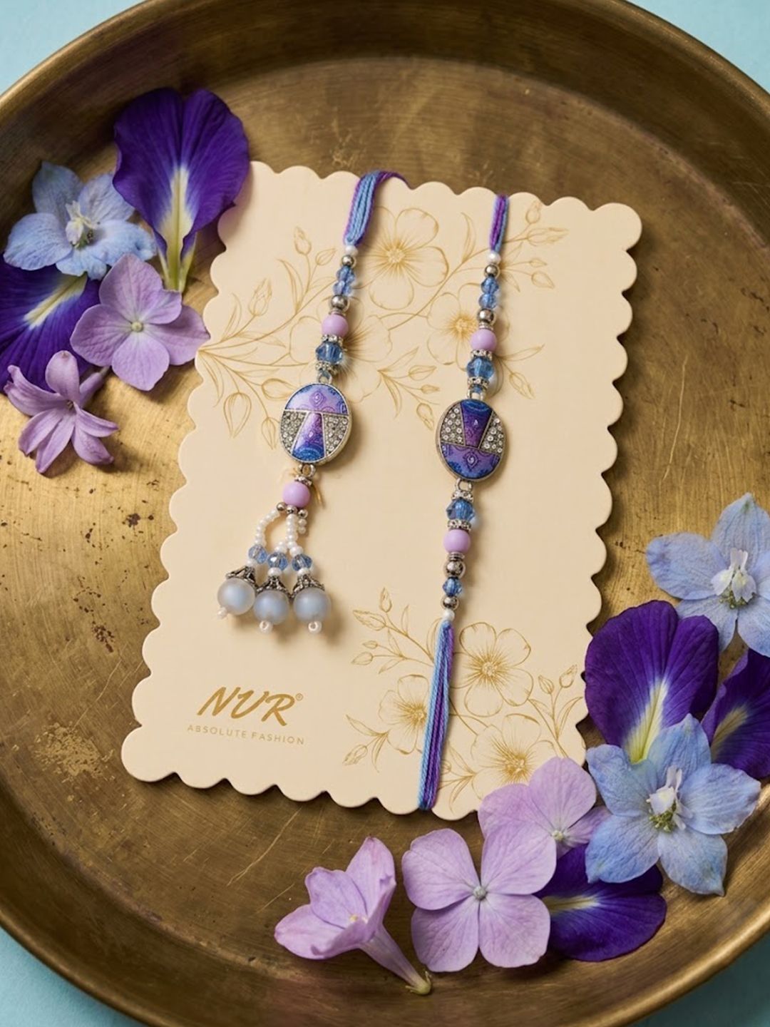 Anouk Set Of 2 Purple Artificial Beads Traditional Bhaiya Bhabhi Rakhi With Roli Chawal