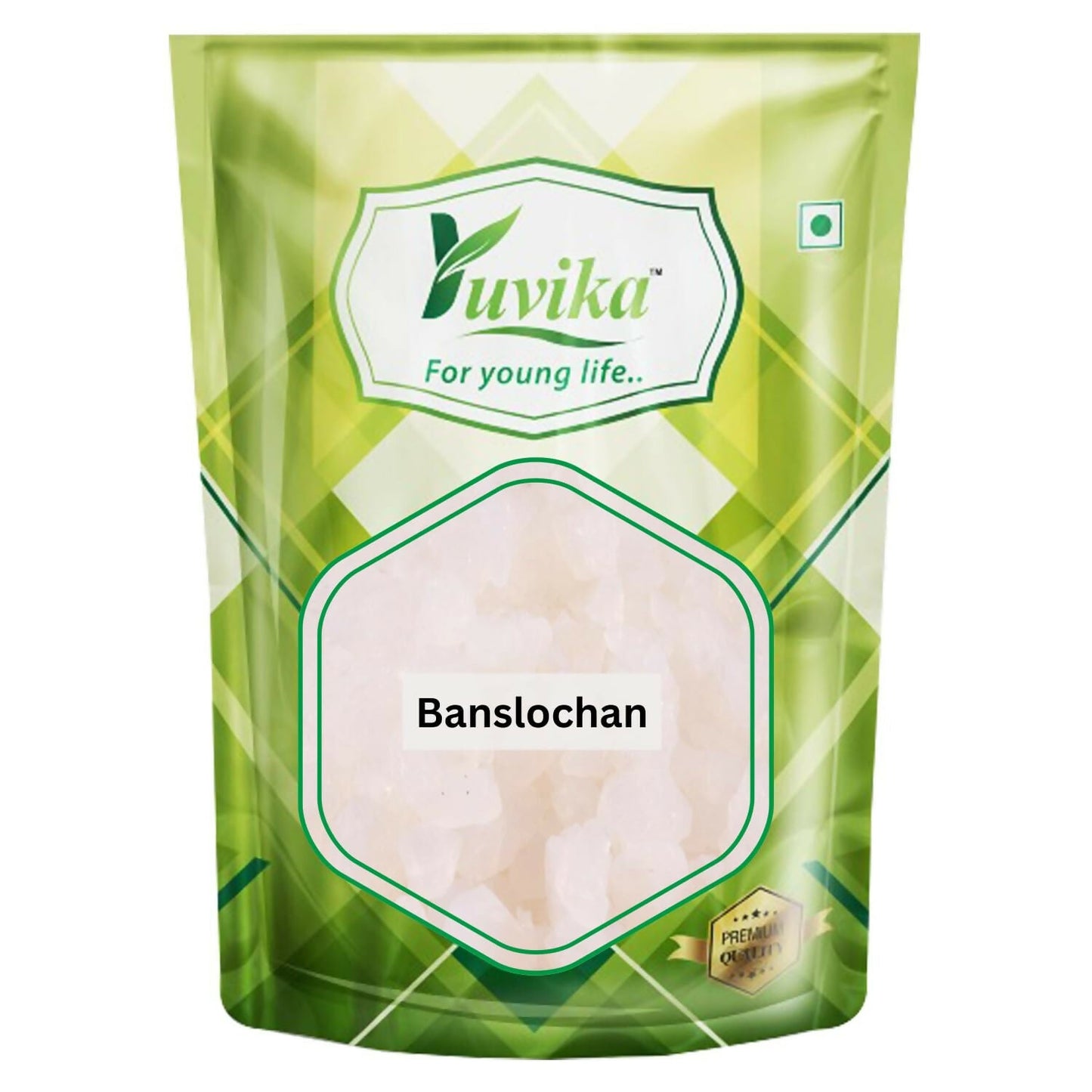 Yuvika Vanslochan Tabashir, Ayurvedic silicic acid product, showing the natural dried resin in a clear container.