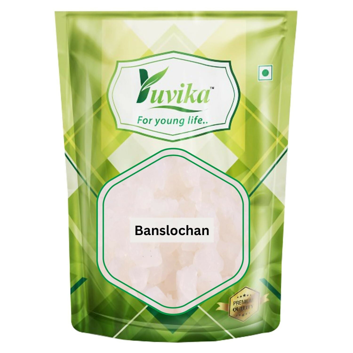 Yuvika Vanslochan Tabashir, Ayurvedic silicic acid product, showing the natural dried resin in a clear container.