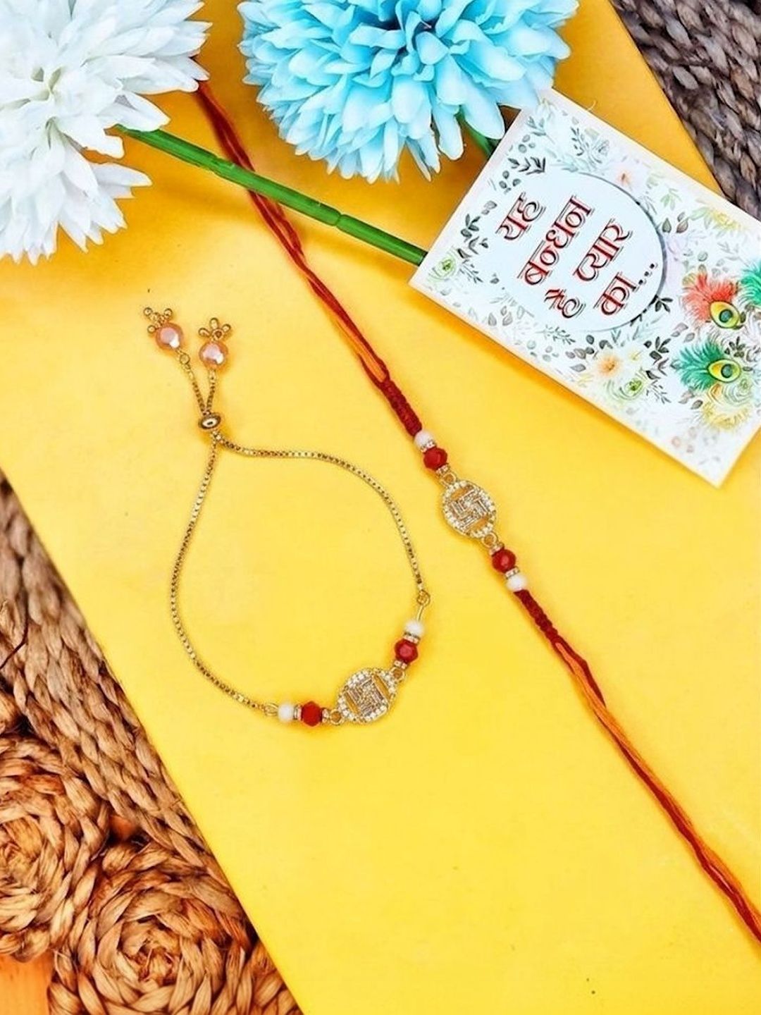 Anouk Set Of 2 Artificial Stones & Beads Swastik Bhaiya Bhabhi Rakhi With Roli Chawal