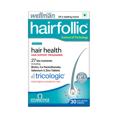 Wellman Hairfollic UK’s No.1 hair supplement tablets for men, featuring Tricologic formula with 30 vitamins and minerals for hair health.