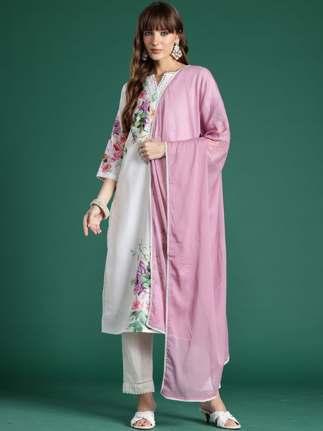Floral Printed Regular Linen Kurta With Trouser And Dupatta