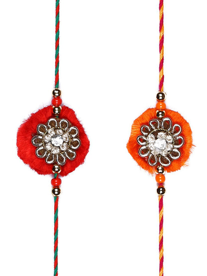 Anouk Set Of 2 Red Flower Design Stone Studded Rakhis Comes With Roli Rice & Greeting Card