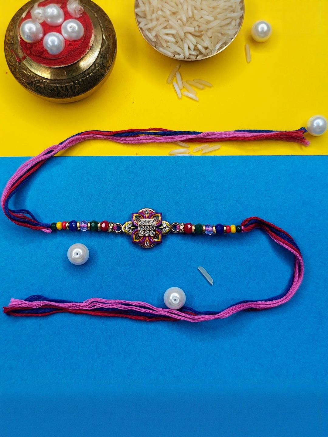 Anouk Set Of 6 Beaded Cotton Thread with AD Stones & Meenakari Designer Rakhi for Brother