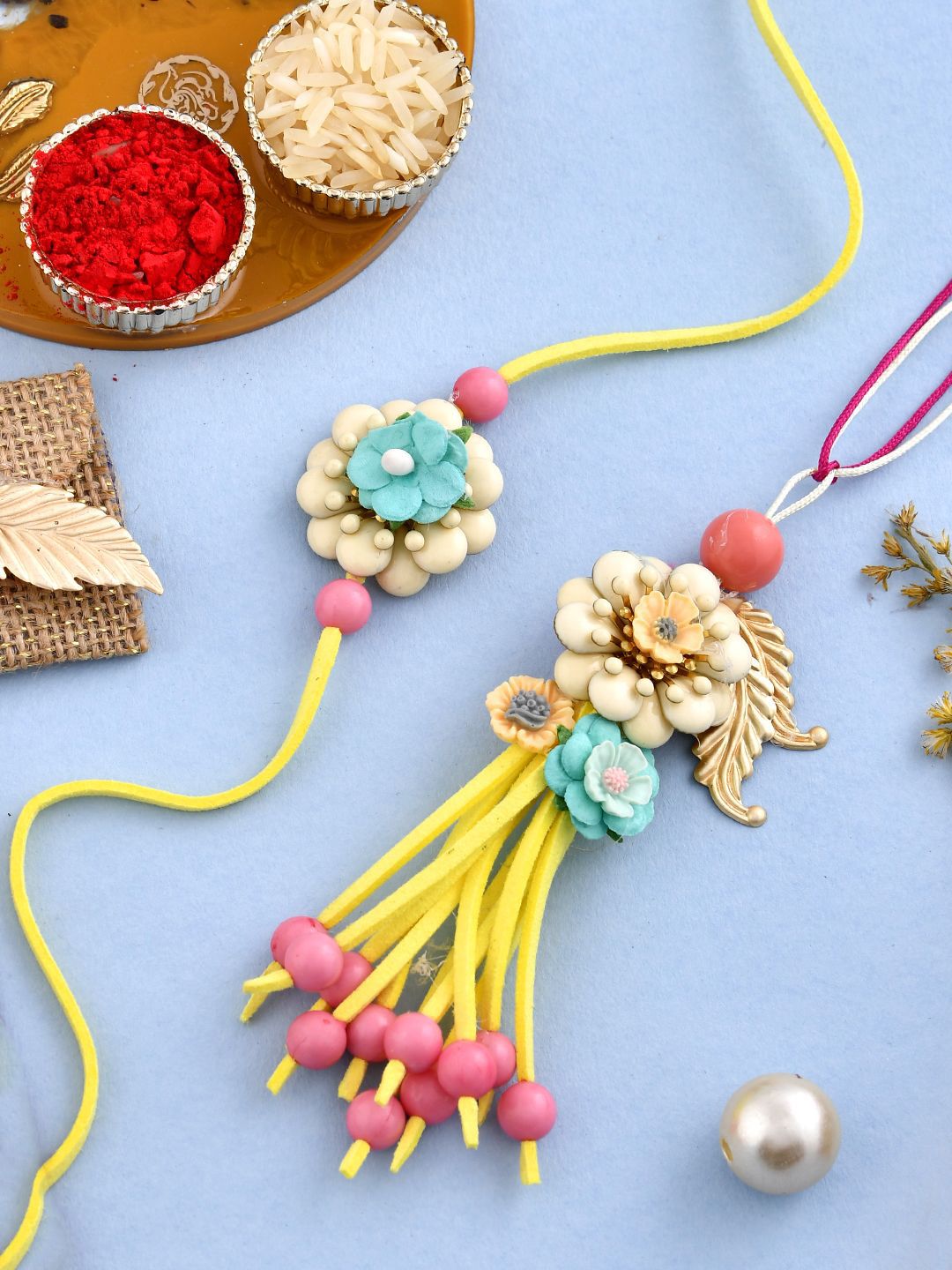 Anouk Yellow Beaded Bhaiya Bhabhi Rakhi With Roli Chawal & Greeting Card