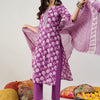 Dhiyona IE Purple Floral Printed Mirror Work Pure Cotton Kurta with Trousers & Dupatta