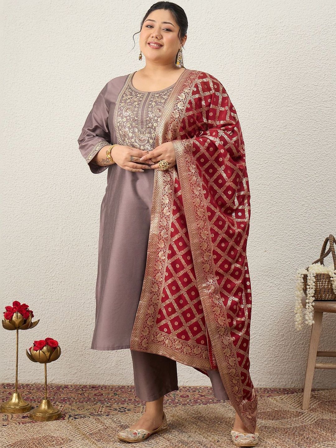 Indyancart Women's Ethnic Motifs Embroidered Regular Kurta with Trousers & With Dupatta