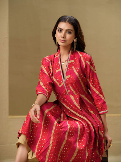 Indyancart SN Women's Leheriya Printed A-Line Kurta & Trousers Set