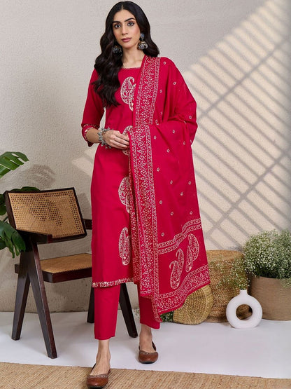 Paisley Printed Thread Work Pure Cotton Kurta With Trousers & Dupatta