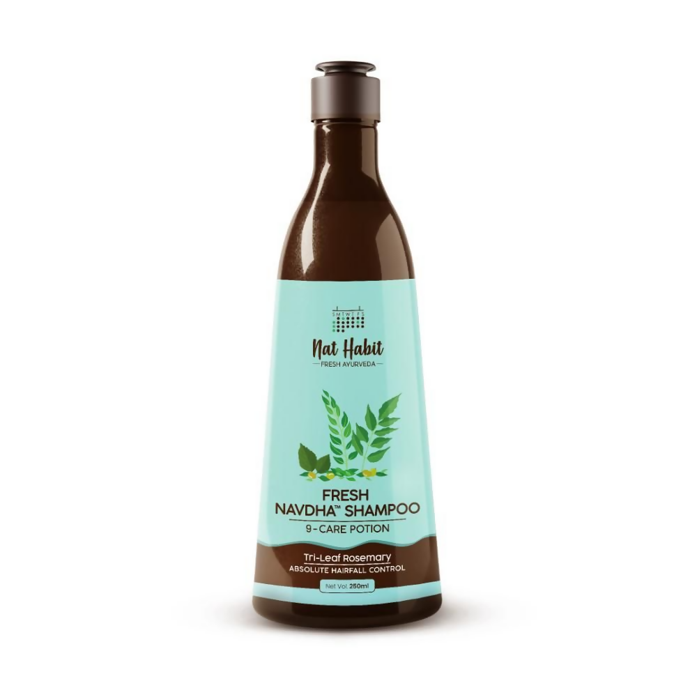Nat Habit Tri-Leaf Rosemary Navdha Shampoo bottle with green label and natural herbal packaging.