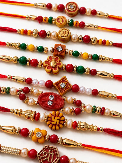 Anouk Set Of 10 Artificial Stones & Beads Thread Rakhi With Roli Chawal Chandan Mishri