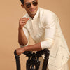 Men's Cream Viscose Straight Jacket  Kurta and Pyjama Set