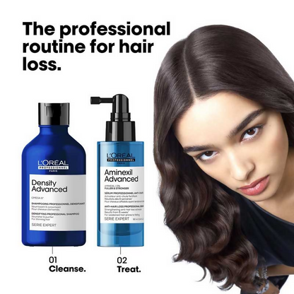 L'Oreal Professionnel Aminexil Advanced anti-hair loss serum for thinning hair, dropper bottle with clear liquid, professional hair care product