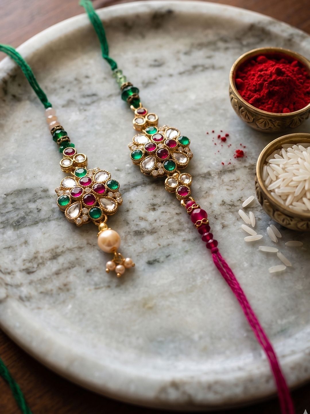 Anouk Set Of 2 Floral Design Kundan Studded Bhaiya Bhabhi Rakhi With Roli Chawal Chandan