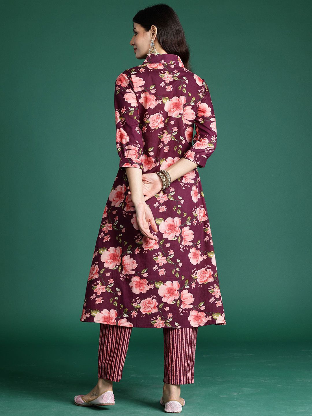 Dhiyona IE Floral Printed V-Neck Pure Cotton A-Line Tunic With Trouser