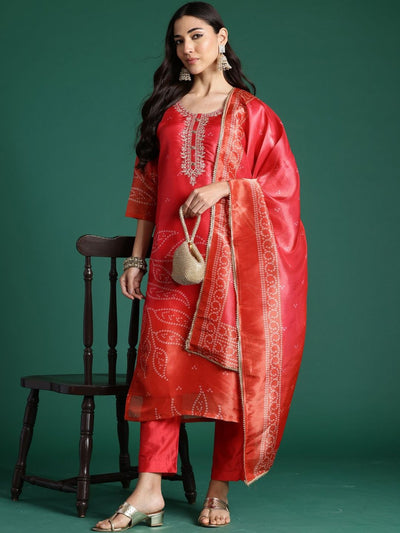 Indyancart IE Women Ethnic Motifs Printed Regular Thread Work Kurta with Trousers & With Dupatta