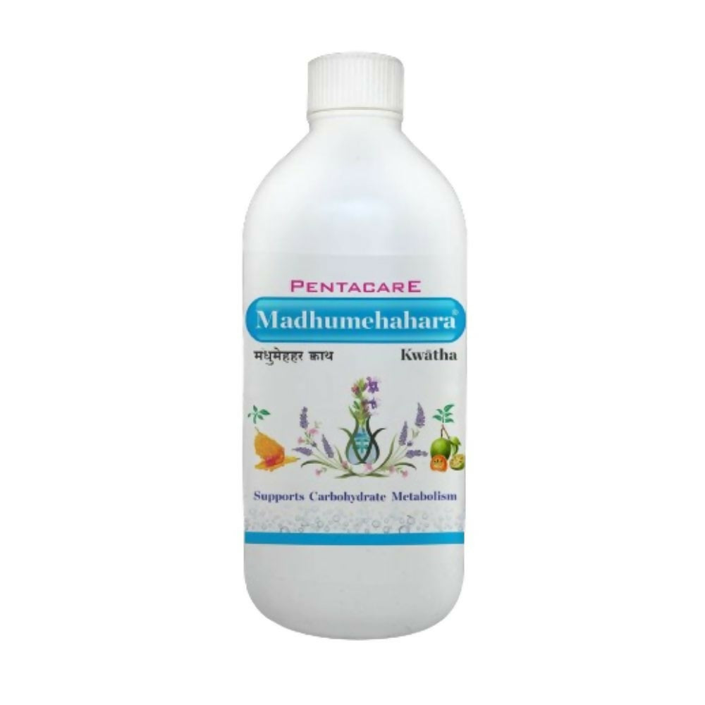 Pentacare Ayurveda Madhumehahara Kwatha Ayurvedic syrup in a glass bottle with a dropper for managing blood sugar levels.