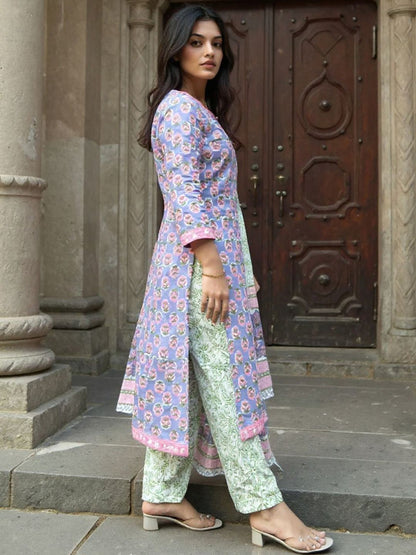 Floral Printed Round Neck Pure Cotton Straight Kurta With Trousers & Dupatta
