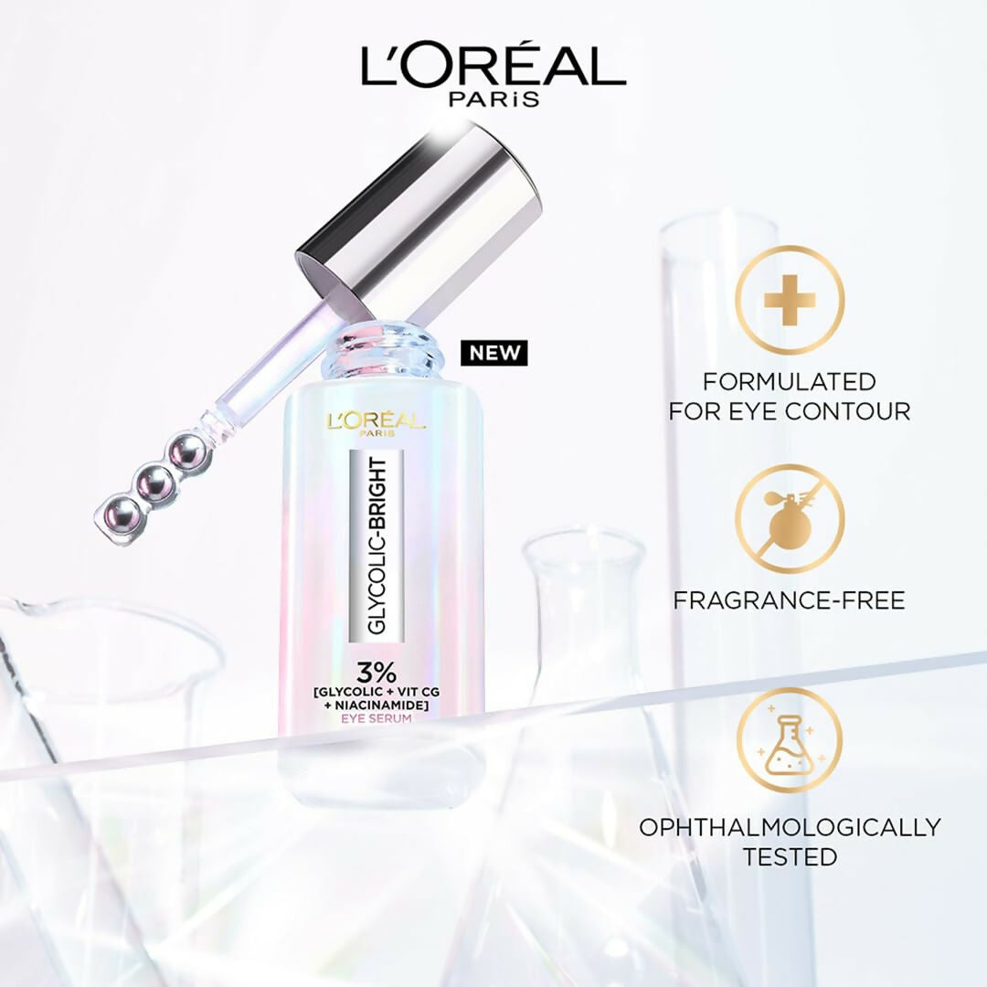 L'Oreal Paris Glycolic Bright dark circle eye serum with glycolic acid, vitamin Cg, and niacinamide for under eye skincare.