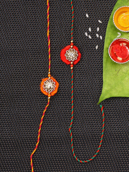 Anouk Set Of 2 Red Flower Design Stone Studded Rakhis Comes With Roli Rice & Greeting Card