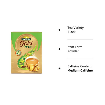 Tata Tea Gold Care tea powder in a container, showcasing the golden tea blend for rich, flavorful brewing.