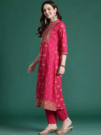Women Ethnic Motifs Embroidered Regular Thread Work Pure Cotton Kurta with Trousers