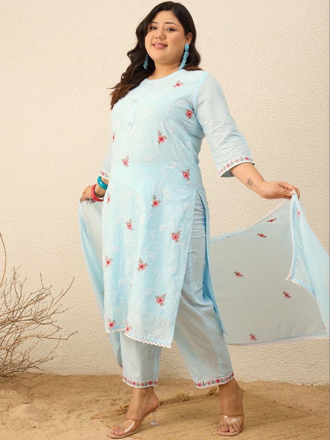 Indyancart Women's Floral Embroidered Regular Thread Work Pure Cotton Kurta with Trousers & With Dupatta