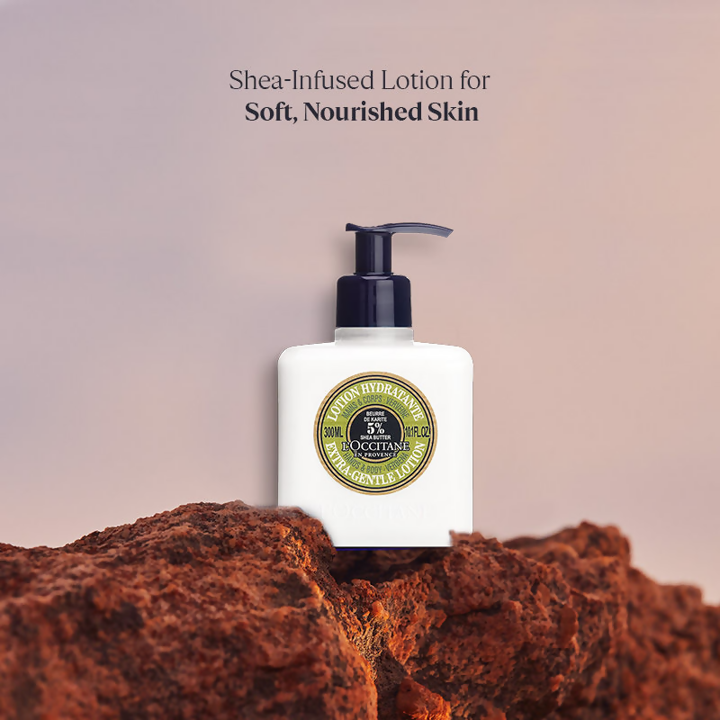 L'Occitane Shea Butter Verbena Body Lotion for dry to very dry skin, showing the lotion bottle with green and white packaging.