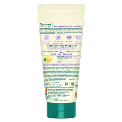 Himalaya Herbals Baby Rash Relief Cream with pure cow ghee in a white tube, designed for soothing baby skin care.