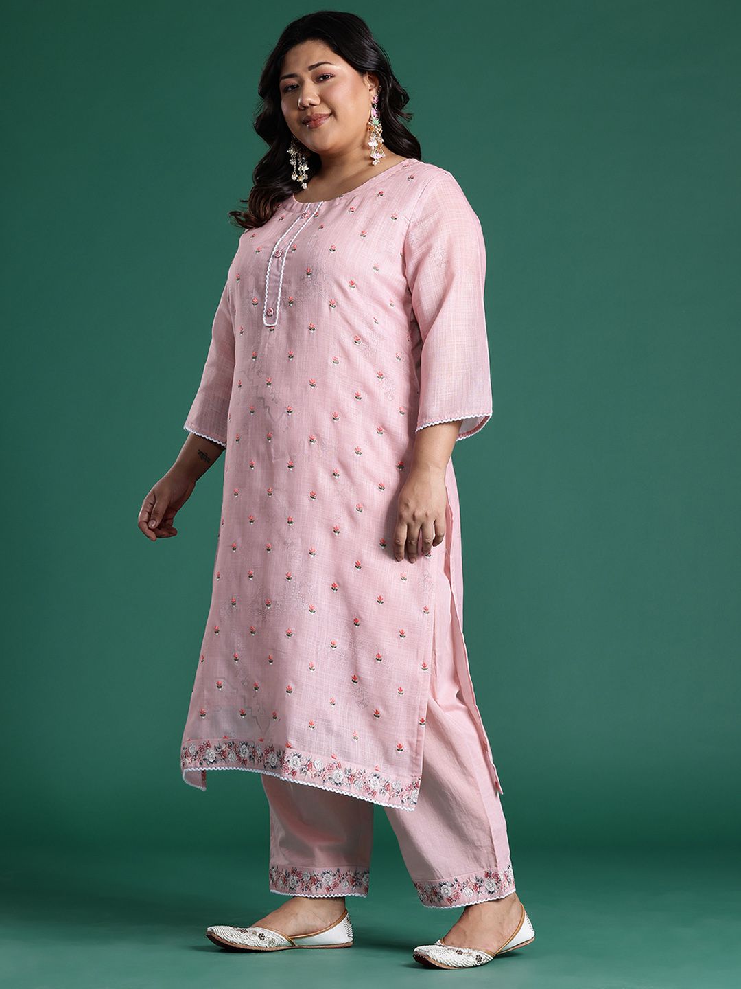 Indyancart Women's Pink Embroidered Straight Kurta With Trousers & Dupatta