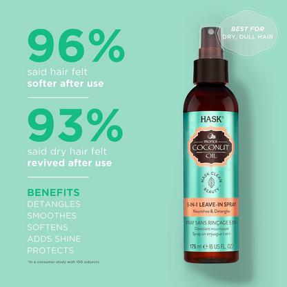 HASK Monoi Coconut Oil Leave-In Hair Spray in a spray bottle, designed to nourish and hydrate hair with coconut oil.
